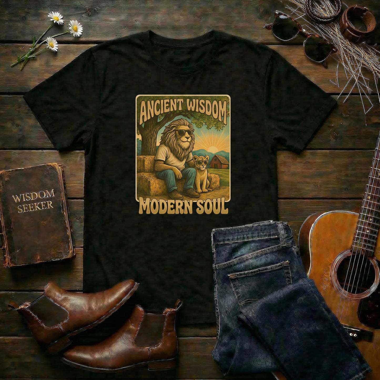 Ancient Wisdom Modern Soul | MGW Graphic Tee | Premium Unisex Vintage Black | Inspirational Lion Shirt | Father Son Tee