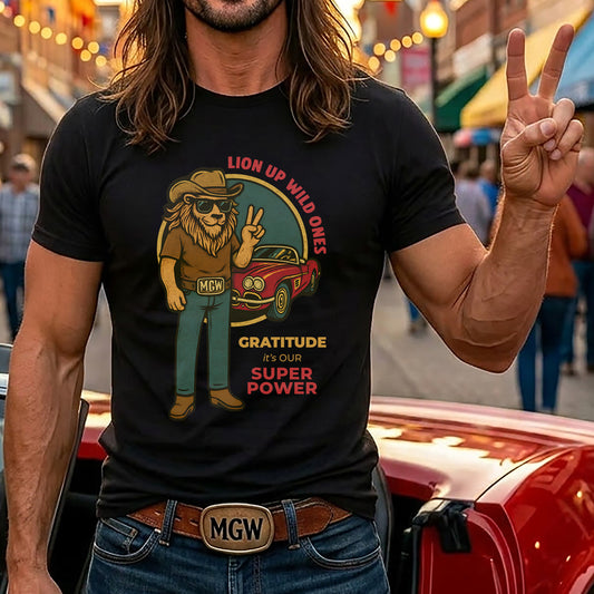 Gratitude—It's Our Superpower | MGW Graphic Tee | Premium Unisex Vintage Black | Lion Peace Sign Shirt | Classic Car Tee