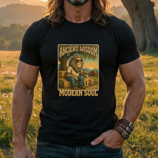 Ancient Wisdom Modern Soul | MGW Graphic Tee | Premium Unisex Vintage Black | Inspirational Lion Shirt | Father Son Tee