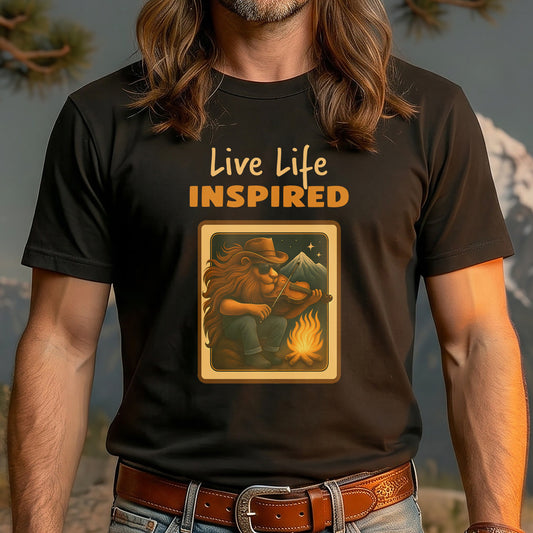 Live Life Inspired | MGW Graphic Tee | Premium Unisex Vintage Black | Lion Fiddle Campfire Shirt | Artist Musician Tee