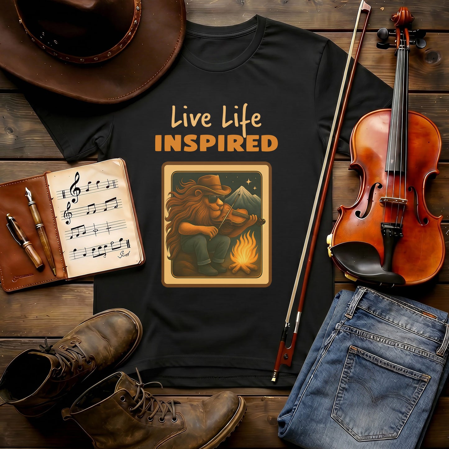 Live Life Inspired | MGW Graphic Tee | Premium Unisex Vintage Black | Lion Fiddle Campfire Shirt | Artist Musician Tee
